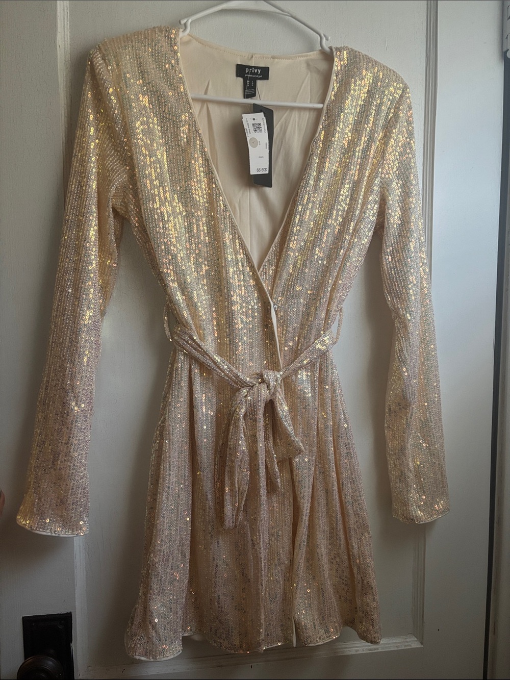 privy Champagne Sequin Wrap Dress with Tie Waist